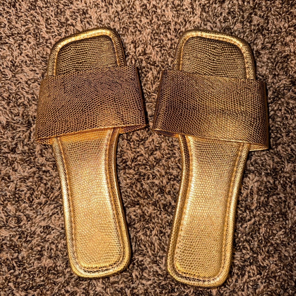 NEW GOLD SNAKESKIN SLIDE SANDALS